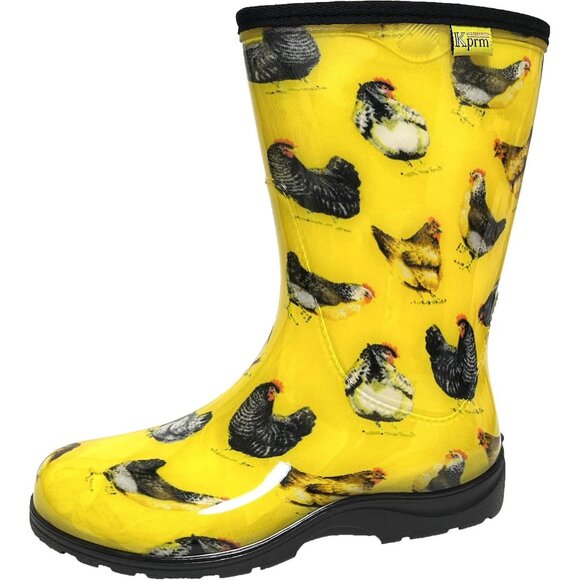 Shoes - Women's Yellow Chickens Print Waterproof Mid Calf Rubber Comfort Insole Boot
